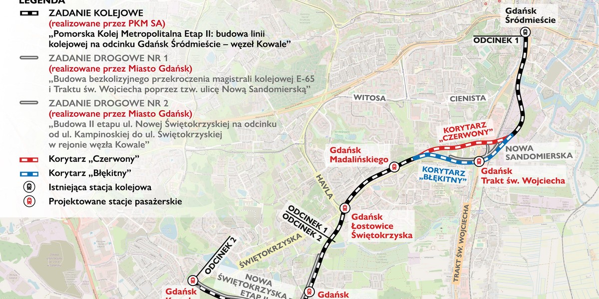 W odcinku aglomeracyjnym projekt przewiduje budowę całkowicie nowej linii kolejowej od przystanku SKM Gdańsk Śródmieście przez południowe dzielnice Gdańska aż do Kowal, gdzie powstać ma duży węzeł przesiadkowy, skomunikowany z innymi środkami transportu i 3-poziomowym parkingiem na 2,1 tys. aut. Dzięki temu będą mogli z niego korzystać również mieszkańcy sąsiednich gmin.