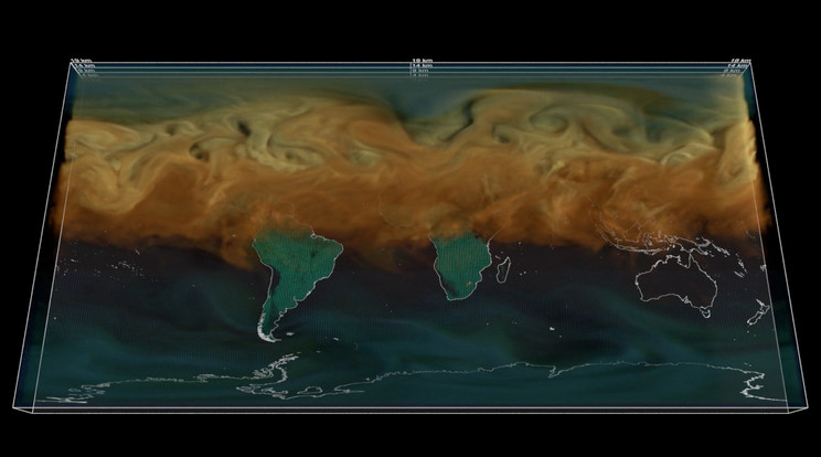 A NASA a 2021-es adatok alapján videót készített a szé-dioxid-koncentráció változásáról a Föld légkörében. Ilyen módon még soha nem láthattuk az egyébként színtelen gáz fenyegetését. Valószínűleg már sokkal előbb felléptünk volna a kibocsátás ellen, ha (a videóhoz hasonlóan) szemmel is érzékelhettük volna a veszélyes gáz feldúsulását. / Illusztráció: NASA Scientific Visualization Studio
