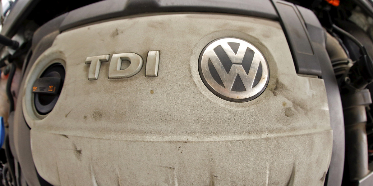 Volkswagen's logo is seen on a TDI diesel engine.