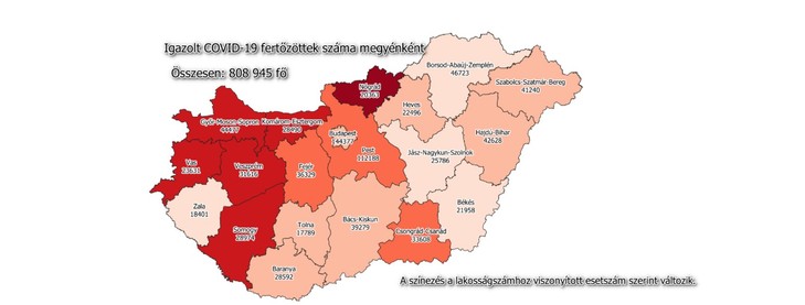 Igazolt Covid-19 fertőzöttek száma megyénként / Fotó: koronavirus.gov.hu