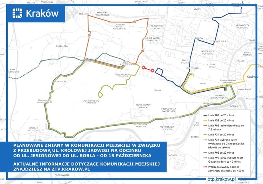 Zmiany w komunikacji miejskiej w Woli Justowskiej na czas zamknięcia ul. Królowej Jadwigi