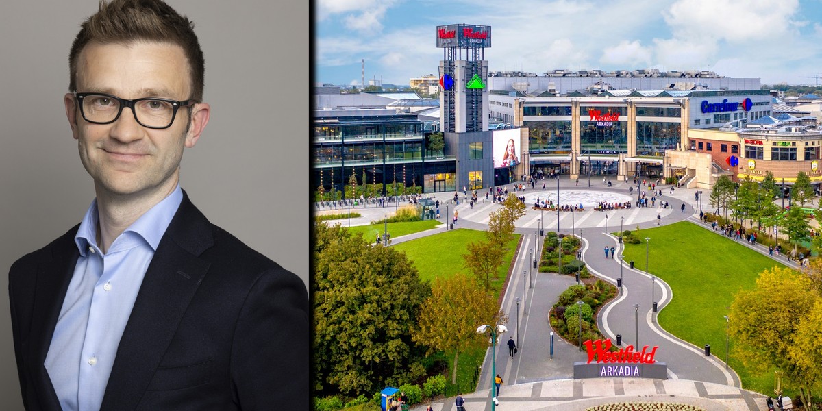 Jakub Skwarło z URW. Firma zarządza m.in. centrum Westfield Arkadia (po prawej).