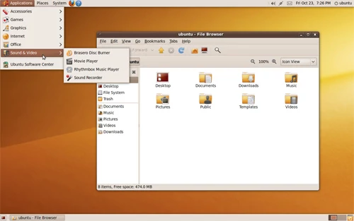 Zrzut pulpitu z obecnej wersji Ubuntu 9.10 noszącego nazwę kodową Karmic Koala