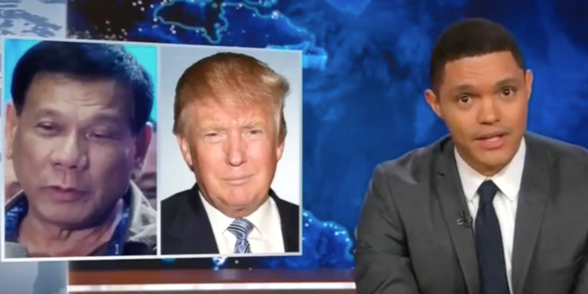 "Daily Show" host Trevor Noah with images of Philippine president Rodrigo Duterte, left, and Donald Trump.