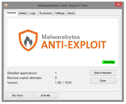 Główne okno programu Malwarebytes Anti-Exploit Free