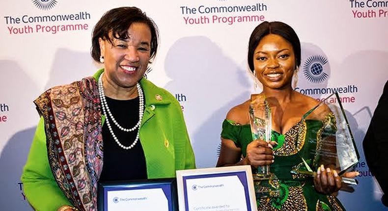 L-R: Patricia Scotland, the Commonwealth secretary-general and Ayodeji Osowobi with her awards at the Marlborough House, the Commonwealth Secretariat’s London headquarters on Wednesday, March 13, 2019. (The Cable)