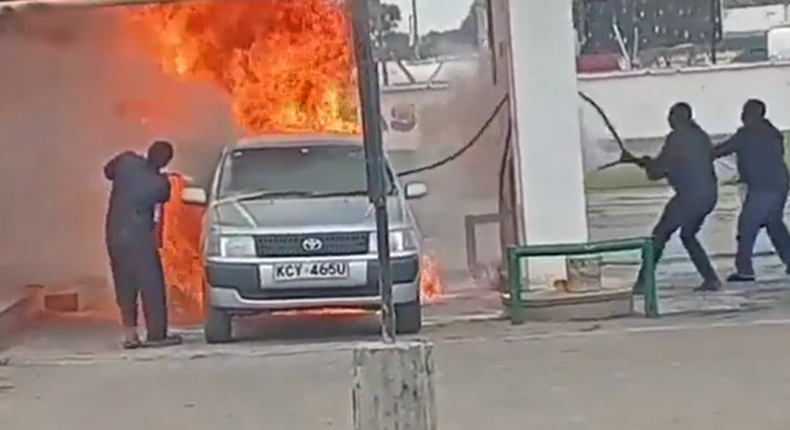 A Toyota Probox that caught fire at Olympic Petrol Station in Nakuru County on Thursday