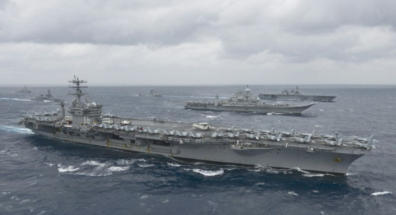 Aircraft carrier the USS Nimitz takes part in an exercise in the Bay of Bengal in July 2017 in this US Navy handout photograph