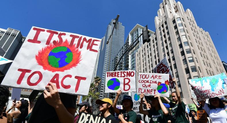 Thousands of youth demand action during a Climate Change protest in downtown Los Angeles, California on September 20, 2019, as part of a global protest happening around the world.
