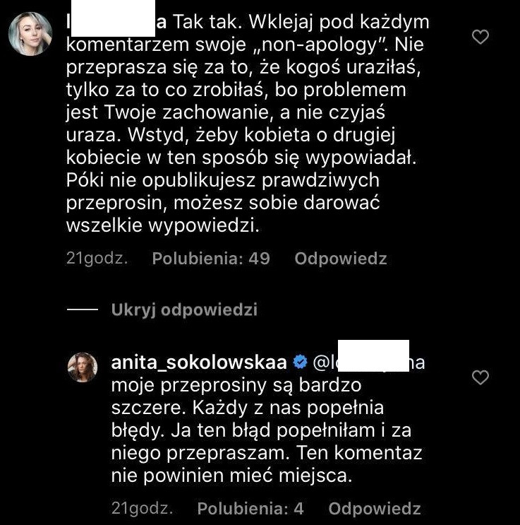 Anita Sokołowska odpowiada na komentarz internautki