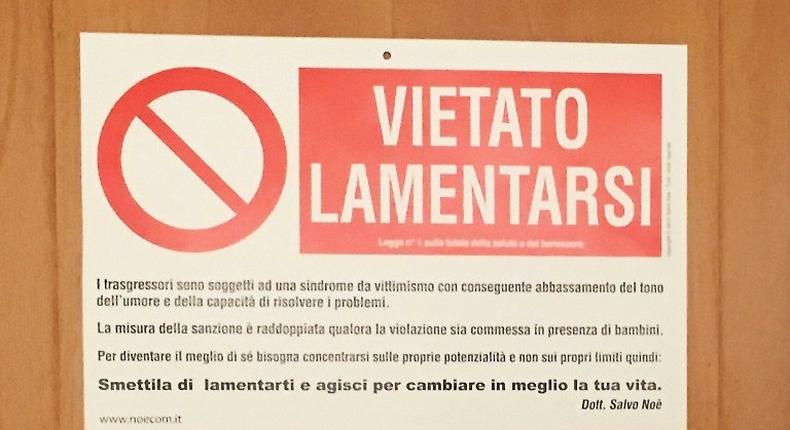 A sign on the door of Pope Francis's private apartment at the Vatican reads No Complaining
