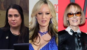 Trump has been rebuked by three Manhattan judges for his attacks on, from left, law clerk Allison Greenfield, Stormy Daniels, and E. Jean Carroll.Left, Jefferson Siegel/Getty Images; center, Ethan Miller/Getty Images; right, Gotham/WireImage.
