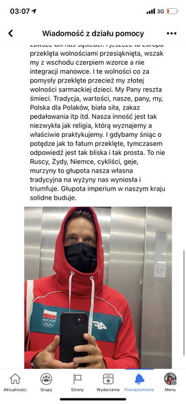 Zablokowany wpis Dariusza Popieli na Facebooku