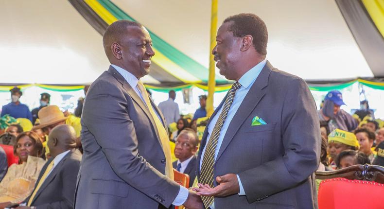 Kenya Kwanza principals Dr William Ruto and former Vice President Musalia Mudavadi during a coalition event at the Nyayo Stadium on June 10, 2022