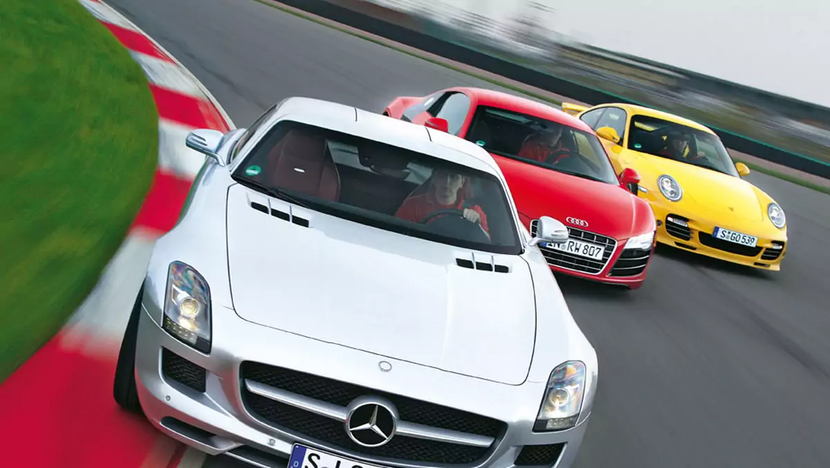 Czy skrzydlaty Mercedes zostanie superdominatorem? Mercedes SLS AMG kontra Porsche 911 Turbo i Audi R8 5.2 FSI