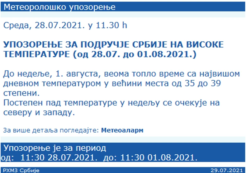 Upozorenje važi do 1. avgusta