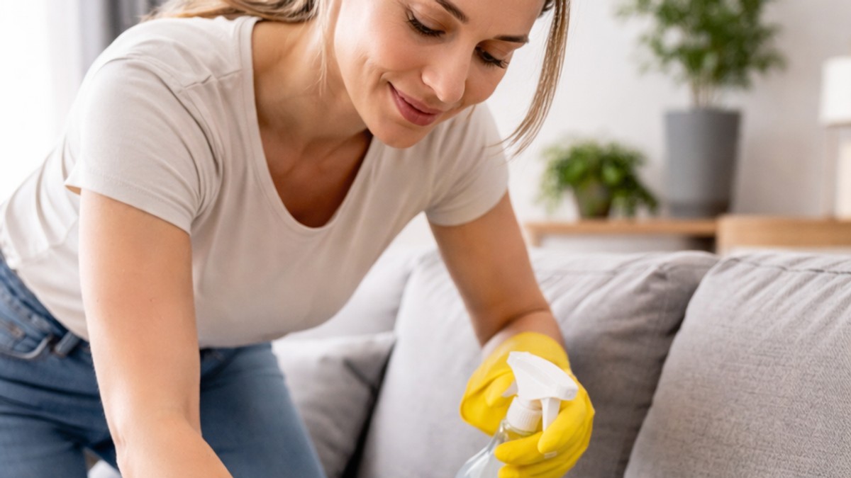 Žena čisti kauč u dnevnoj sobi