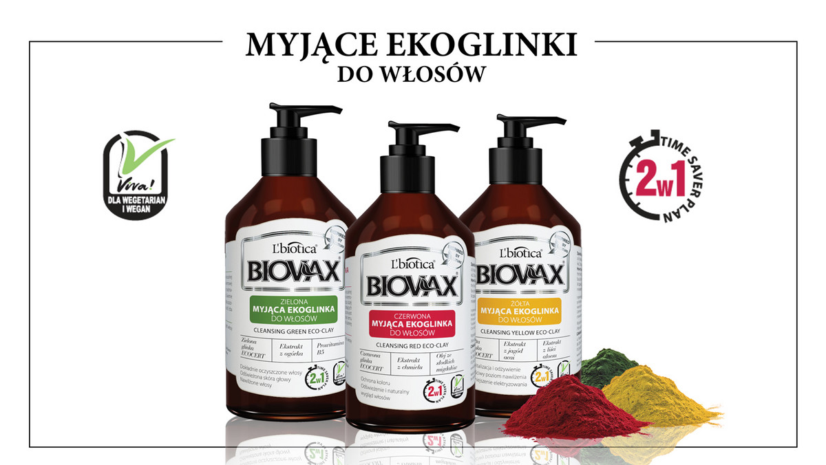 Wegańske glinki Biovax do mycia włosów