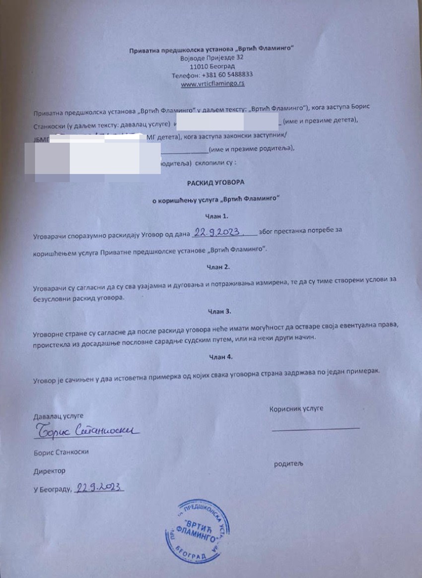 Raskid ugovora sa vrtićem "Flamingo" za koji majka tvrdi da joj je bio podmetnut