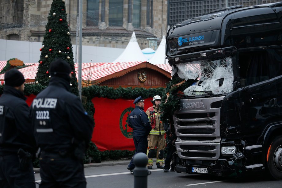 Police officers in front of the truck on Tuesday.