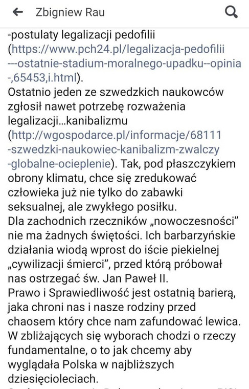 Zbigniew Rau między innymi o "legalizacji kanibalizmu" – screen z Facebooka z 2019 r.