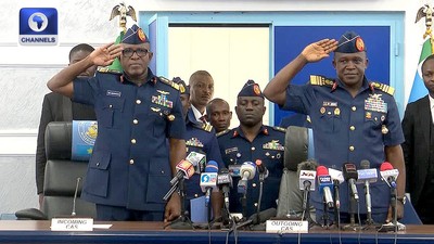 Air Vice Marshal Hassan Abubakar, the 22nd Chief of Air Staff (L) [Channels TV]