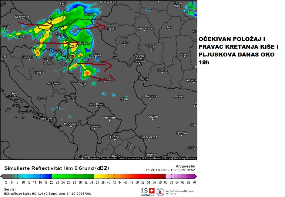 Kretanje padavina za petak oko 19 časova