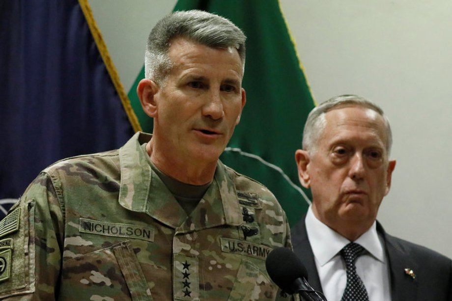 Gen. John Nicholson and current Defense Secretary Jim Mattis at a news conference at Resolute Support Mission headquarters in Kabul.