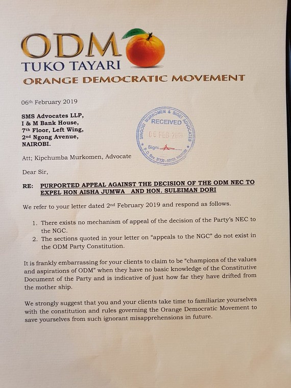 ODM letter to Elgeyo Marakwet Senator Kipchumba Murkomen 