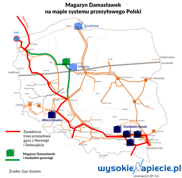 Mapa systemu przesyłowego Polski, źródło: Wysokie Napięcie