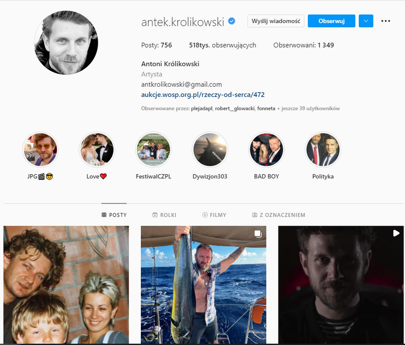 Profil Antoniego Królikowskiego na Instagramie