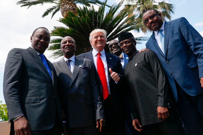 (Left to right) Kenya's President Uhuru Kenyatta, Guinea's President Alpha Conde, U.S. President Donald Trump, African Development Bank President Akinwumi Adesina, Nigeria's Vice President Yemi Osinbajo, and Ethiopian Prime Minister Hailemariam Desalegn on May 27 in Taormina, Sicily. 
