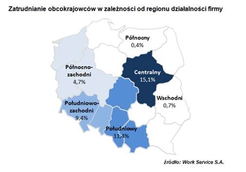 Zatrudnianie obcokrajowców w zależności od regionu działalności firmy