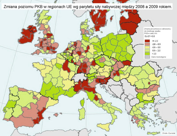 Zmiana poziomu PKB w regionach UE wg parytetu siły nabywczej między 2008 a 2009 rokiem. Zmiana procentowa w odniesieniu do średniego spadku PKB w całej Unii