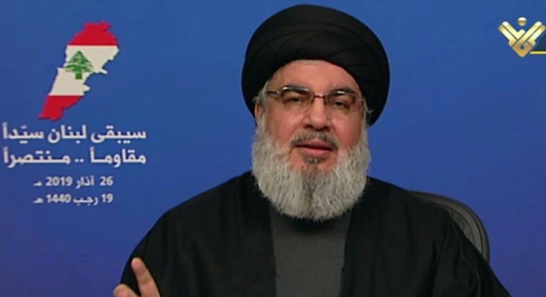 Hezbollah leader Hassan Nasrallah giving a previous speech on Hezbollah's al-Manar TV on March 26, 2019