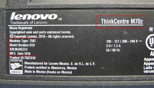 Zdjęcie z raportu CPSC przedstawiające plakietkę znamionową Lenovo ThinkCentre M70z z objętej zwrotem serii 1010. CPSC. 