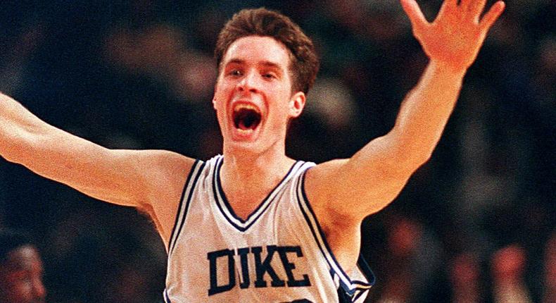 Christian Laettner after hitting the game-winning shot against Kentucky to secure Duke's spot in the Final Four.