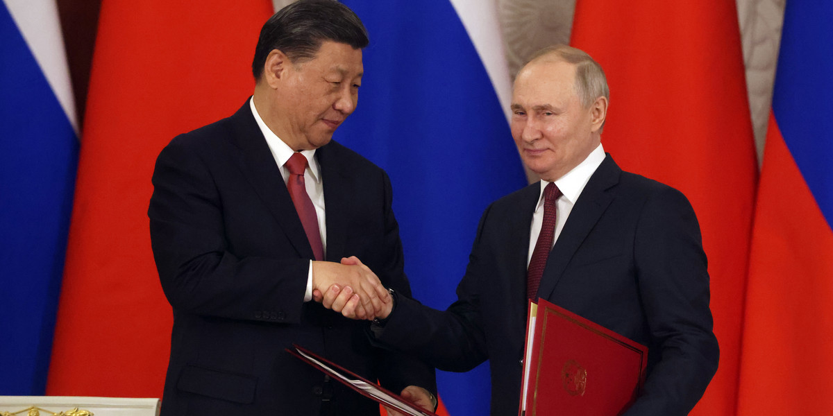 Prezydent Chin Xi Jinping i prezydent Rosji Władimir Putin w Moskwie. Rosja, 21 marca 2023 r.