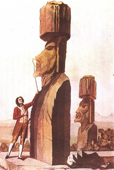 Jacob Roggeveen analizujący posąg Moai, rycina z XVIII w.