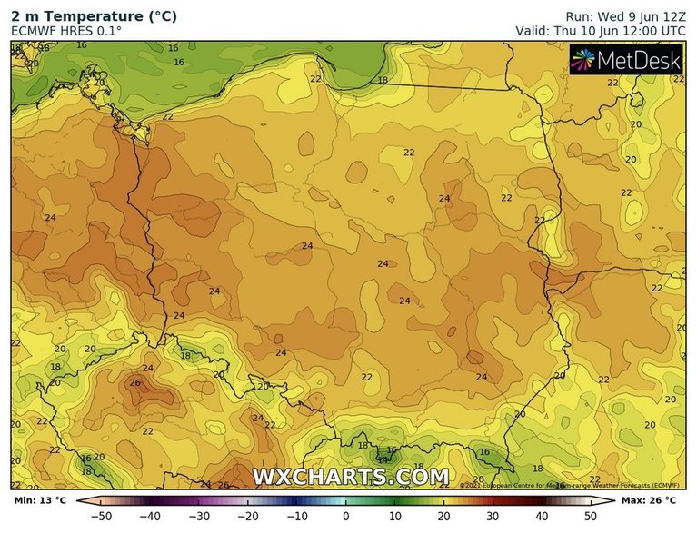 Prognozowana temperatura powietrza w czwartek (godz. 14:00)