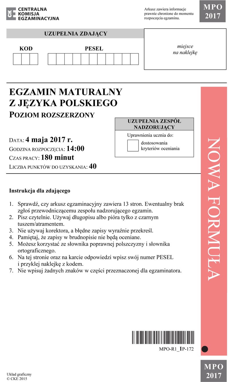 Matura 2017: język polski - poziom rozszerzony. Arkusze i odpowiedzi