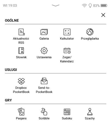 Dodatki, takie jak Dropbox i małe gry, są częścią podstawowego wyposażenia PocketBooka 
