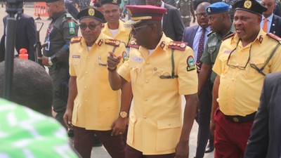 Gov. Babajide Sanwo-Olu of Lagos State during the passing out parade of the newly recruited officials of Lagos State Traffic Management Authority (LASTMA) in Lagos on Wednesday, February 5, 2020. (Twitter/@followlasg)
