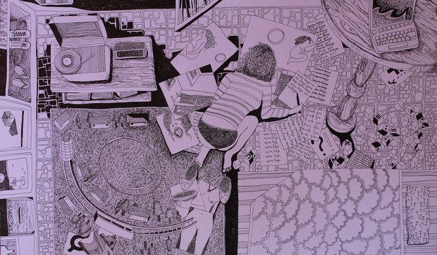 Pitanje nadahnuća - nema veze, imaš posao, fajnlajner na papiru, 50x70 cm, 2024