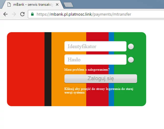 Przykładowa strona podszywająca się pod system logowania mBanku