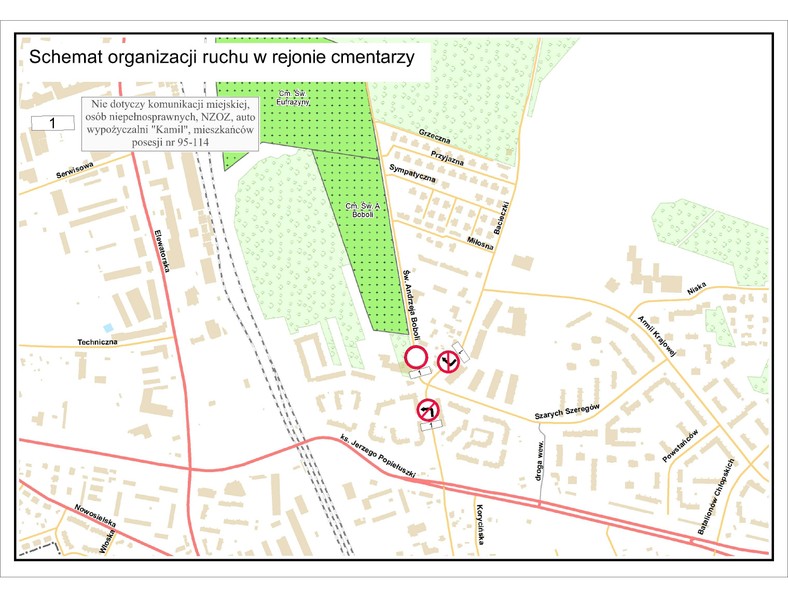 Schemat organizacji ruchu w rejonie cmentarzy