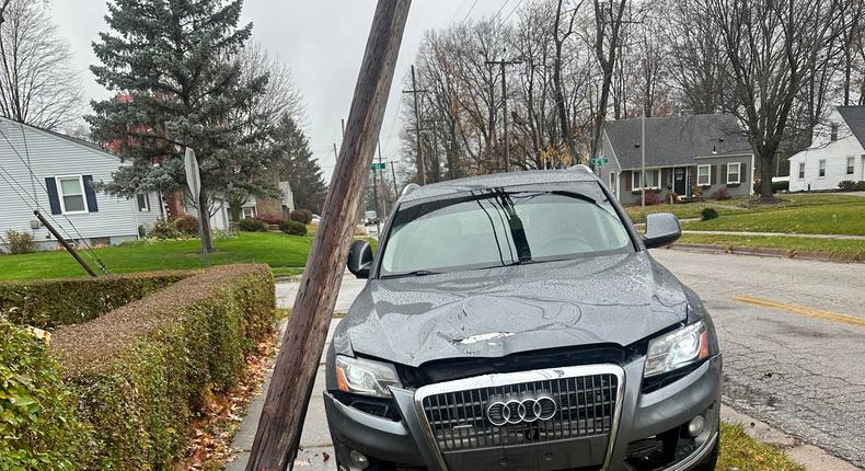 Adrian Youngblood's car was totaled after he hit a telephone pole. Adrian Youngblood