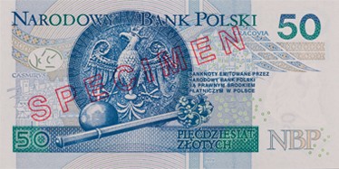 Banknot o nominale 50 złotych zdobi portret króla Kazimierza III Wielkiego. Z jego prawej strony widnieje ukoronowana litera „K” z monogramu królewskiego z drzwi katedry na Wawelu, a w tle ornament gotycki. Odwrotną stronę zdobi Orzeł Biały z pieczęci króla Kazimierza III Wielkiego, a poniżej widać berło i jabłko – insygnia królewskie. W tle widnieje panorama Krakowa i Kazimierza z drzeworytu Hartmanna Schedla, podróżnika niemieckiego z końca XV wieku. Źródło: NBP