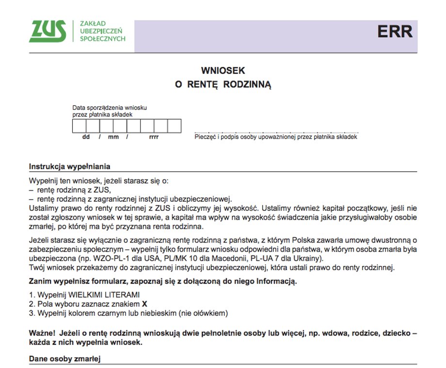 Wniosek o rentę rodzinną ERR
