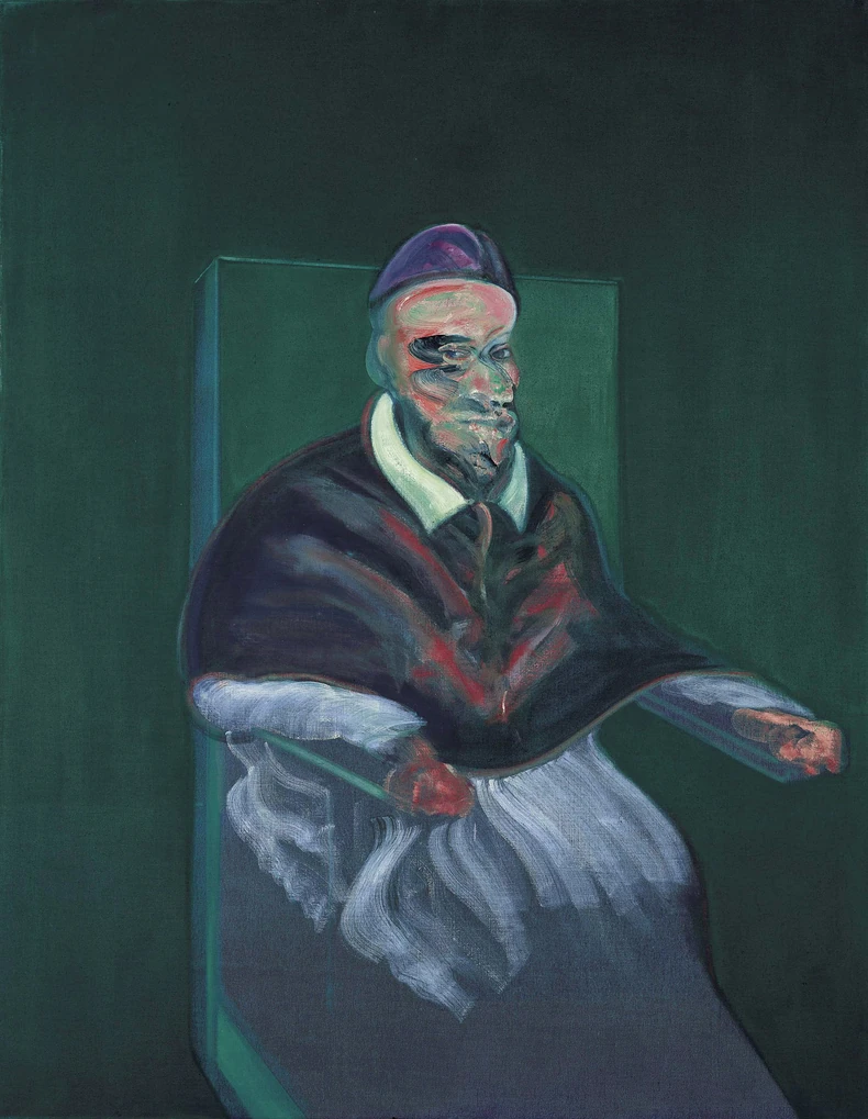 Bejkon je naslikao oko 50 verzija pape prema portretu Inoćentija X od Velaskeza. Ova je prodata 2006. za 5,2 miliona funti